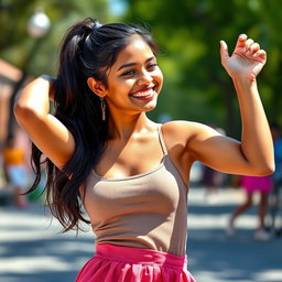 A young Indian woman with a cheerful expression, wearing a short skirt and a stylish ponytail