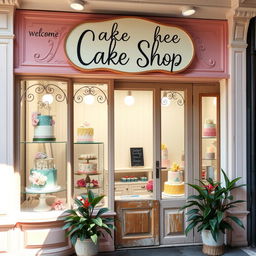 A charming and inviting cake shop setting, with a beautifully decorated storefront adorned with pastel colors and intricate window displays showcasing a variety of elegant cakes