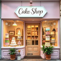 A charming and inviting cake shop setting, with a beautifully decorated storefront adorned with pastel colors and intricate window displays showcasing a variety of elegant cakes