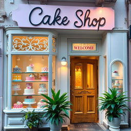 A charming and inviting cake shop setting, with a beautifully decorated storefront adorned with pastel colors and intricate window displays showcasing a variety of elegant cakes