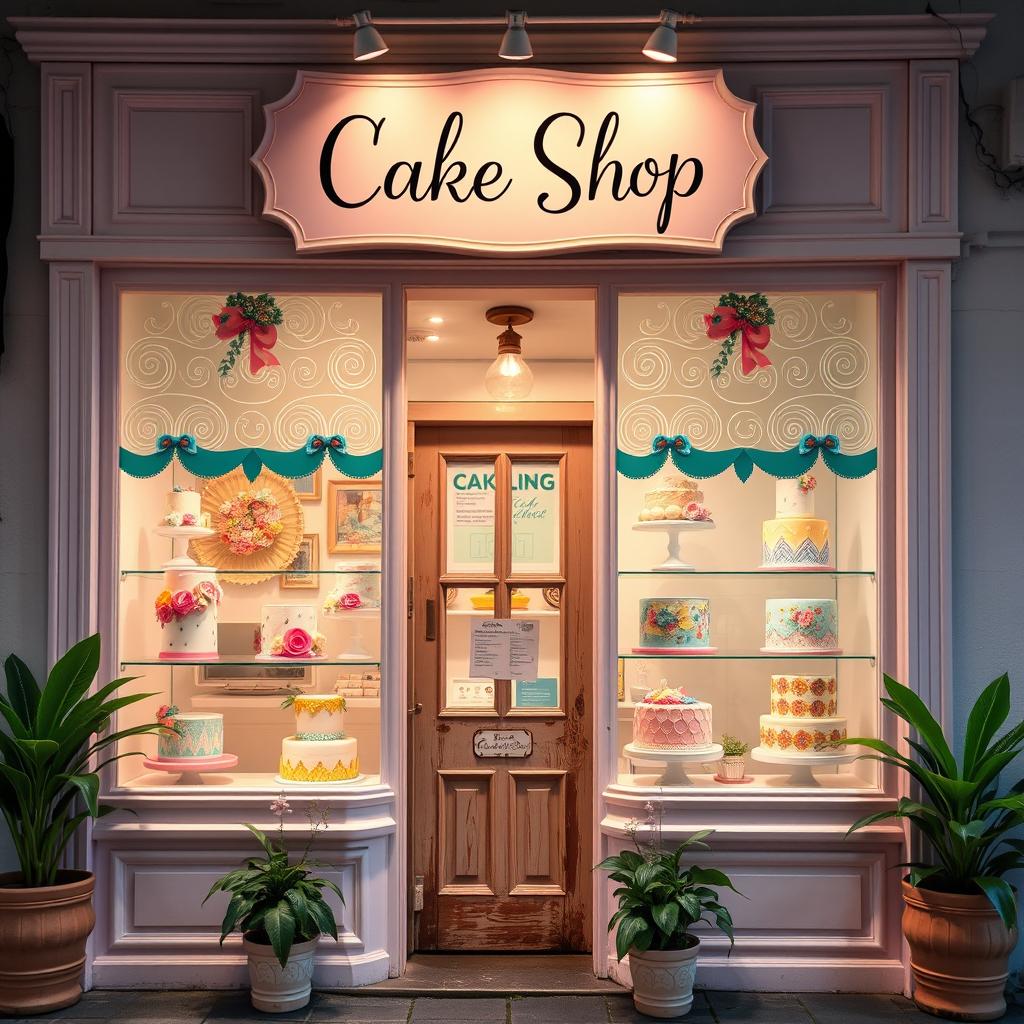 A charming and inviting cake shop setting, with a beautifully decorated storefront adorned with pastel colors and intricate window displays showcasing a variety of elegant cakes