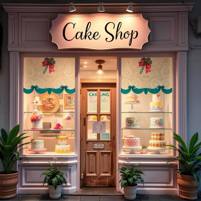 A charming and inviting cake shop setting, with a beautifully decorated storefront adorned with pastel colors and intricate window displays showcasing a variety of elegant cakes