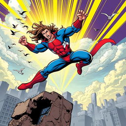 A vibrant comic book panel showcasing a heroic figure in a dynamic action pose, mid-leap against a dramatic cityscape background