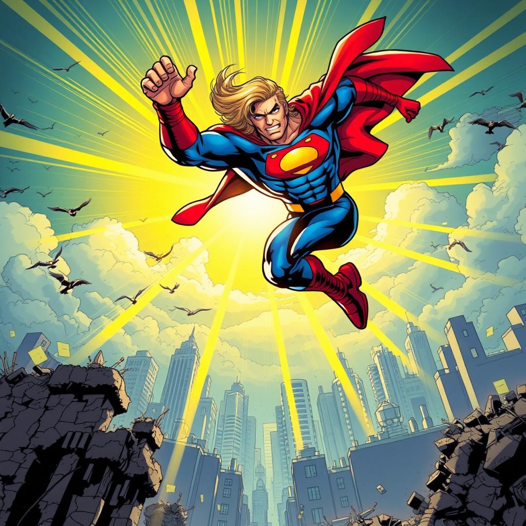 A vibrant comic book panel showcasing a heroic figure in a dynamic action pose, mid-leap against a dramatic cityscape background