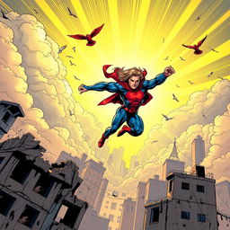 A vibrant comic book panel showcasing a heroic figure in a dynamic action pose, mid-leap against a dramatic cityscape background