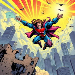A vibrant comic book panel showcasing a heroic figure in a dynamic action pose, mid-leap against a dramatic cityscape background