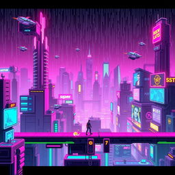 A vibrant and detailed cyberpunk pixel art platformer game level featuring a neon-lit cityscape with towering skyscrapers, flying cars, and holographic advertisements
