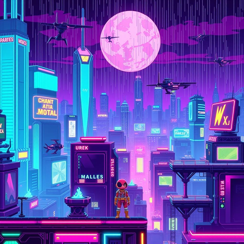 A vibrant and detailed cyberpunk pixel art platformer game level featuring a neon-lit cityscape with towering skyscrapers, flying cars, and holographic advertisements