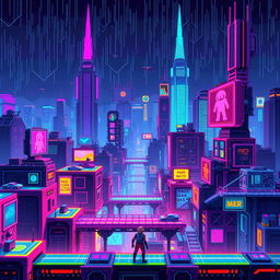 A vibrant and detailed cyberpunk pixel art platformer game level featuring a neon-lit cityscape with towering skyscrapers, flying cars, and holographic advertisements