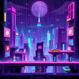 A vibrant and detailed cyberpunk pixel art platformer game level featuring a neon-lit cityscape with towering skyscrapers, flying cars, and holographic advertisements