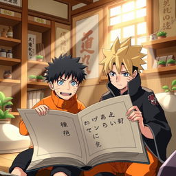 Naruto and Sasuke studying together from a large book in a cozy, well-lit room filled with traditional Japanese decor
