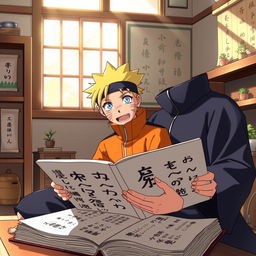 Naruto and Sasuke studying together from a large book in a cozy, well-lit room filled with traditional Japanese decor