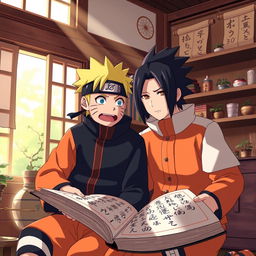 Naruto and Sasuke studying together from a large book in a cozy, well-lit room filled with traditional Japanese decor