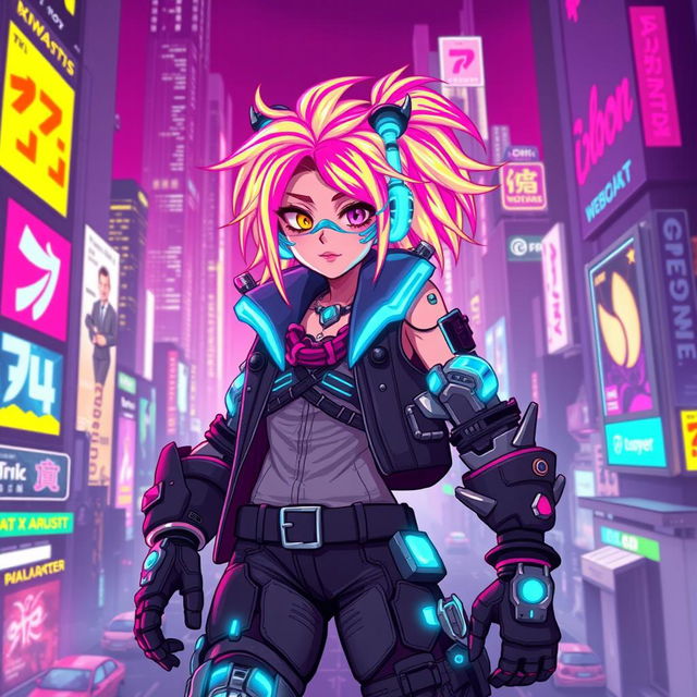 A vibrant and dynamic cyberpunk character depicted in a 32x32 pixel art style