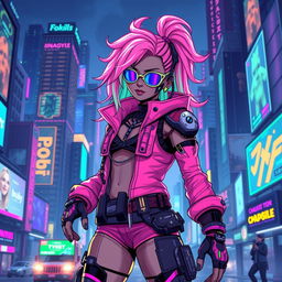 A vibrant and dynamic cyberpunk character depicted in a 32x32 pixel art style