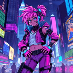 A vibrant and dynamic cyberpunk character depicted in a 32x32 pixel art style