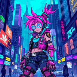 A vibrant and dynamic cyberpunk character depicted in a 32x32 pixel art style