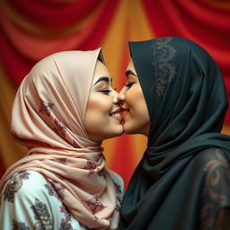 Two beautiful women wearing elegant hijabs are kissing passionately, showcasing their deep connection and affection for one another