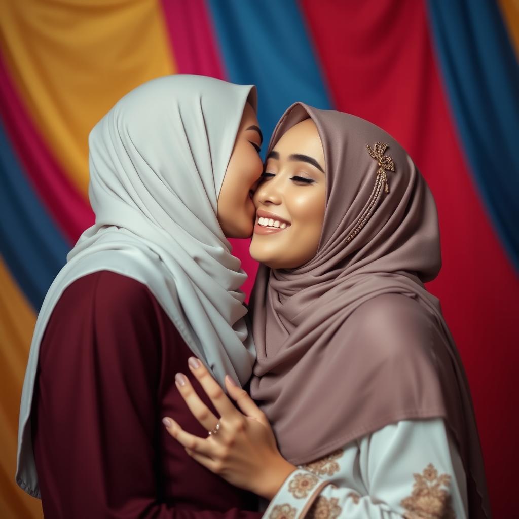 Two beautiful women wearing elegant hijabs are kissing passionately, showcasing their deep connection and affection for one another