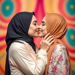 Two beautiful women wearing elegant hijabs are kissing passionately, showcasing their deep connection and affection for one another