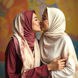 Two beautiful women wearing elegant hijabs are kissing passionately, showcasing their deep connection and affection for one another