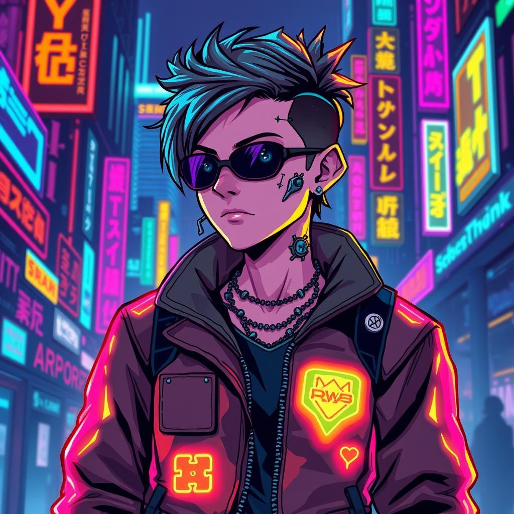 A detailed cyberpunk character in pixel art style, featuring vibrant neon colors and futuristic clothing