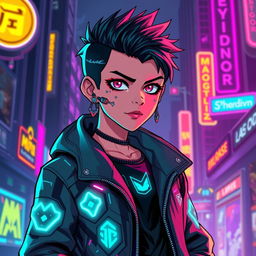 A detailed cyberpunk character in pixel art style, featuring vibrant neon colors and futuristic clothing