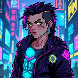 A detailed cyberpunk character in pixel art style, featuring vibrant neon colors and futuristic clothing