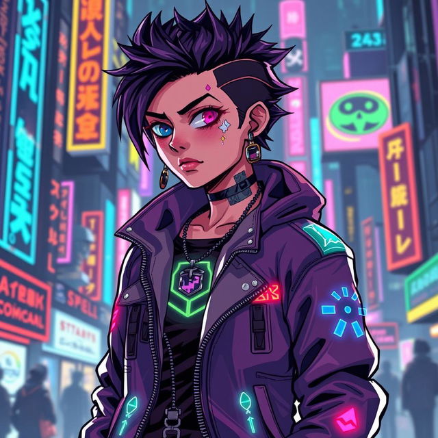 A detailed cyberpunk character in pixel art style, featuring vibrant neon colors and futuristic clothing