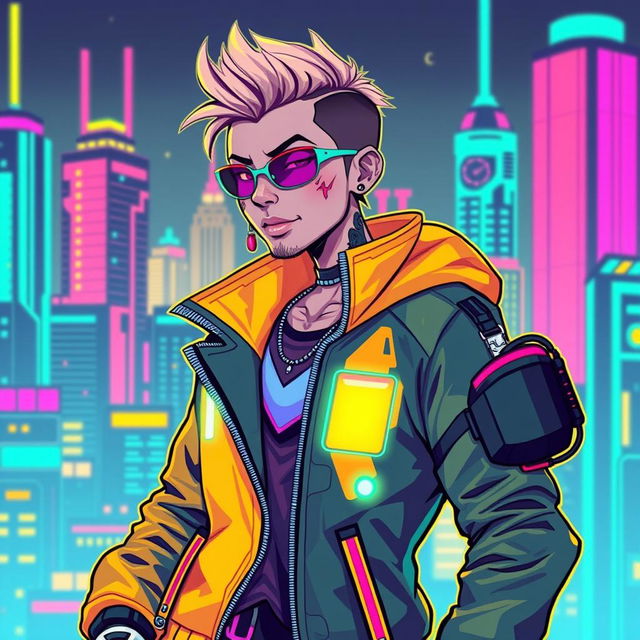 A vibrant cyberpunk character designed in pixel art style, featuring neon colors, futuristic attire, and high-tech accessories