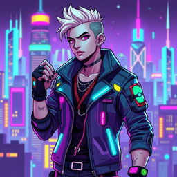 A vibrant cyberpunk character designed in pixel art style, featuring neon colors, futuristic attire, and high-tech accessories