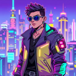 A vibrant cyberpunk character designed in pixel art style, featuring neon colors, futuristic attire, and high-tech accessories