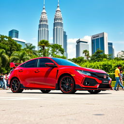 A stunning Honda Civic Type R FL5 parked in front of the iconic Petronas Twin Towers (KLCC) in Kuala Lumpur, Malaysia