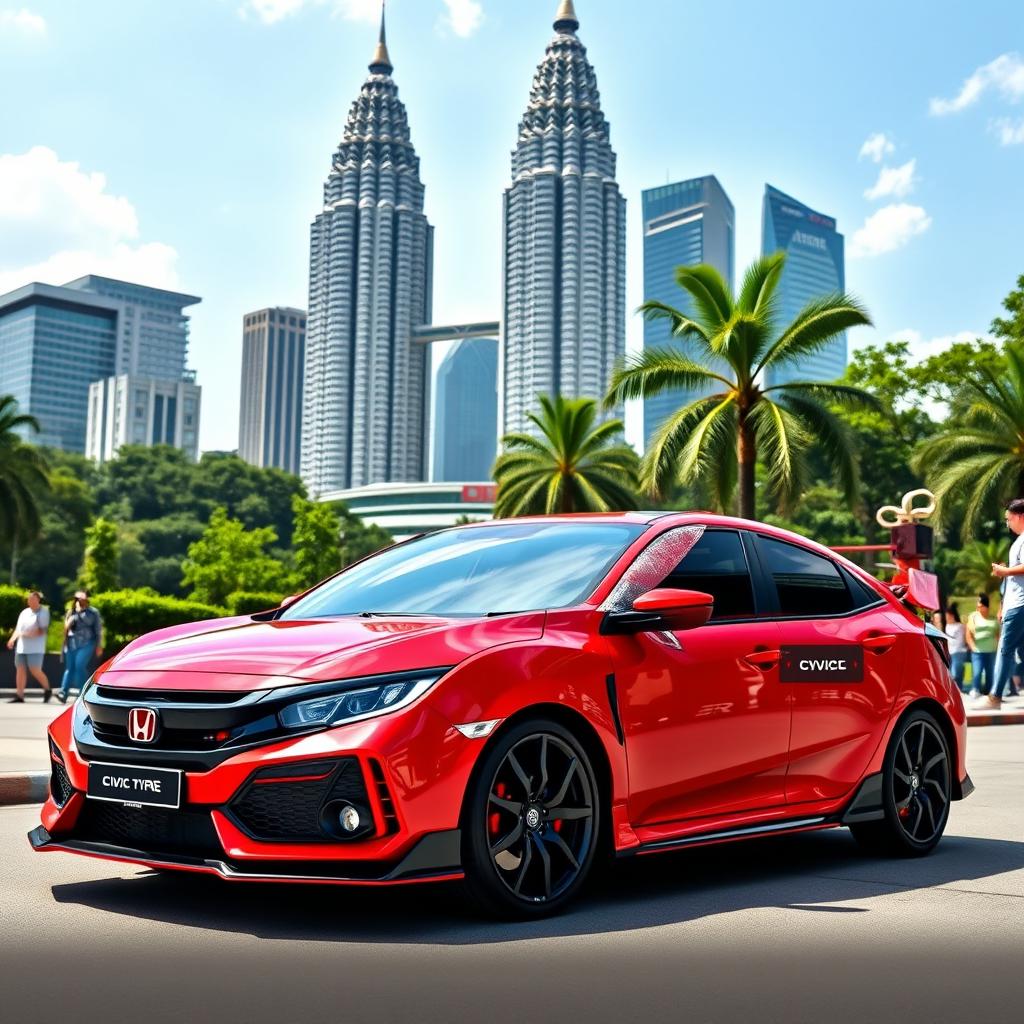 A stunning Honda Civic Type R FL5 parked in front of the iconic Petronas Twin Towers (KLCC) in Kuala Lumpur, Malaysia