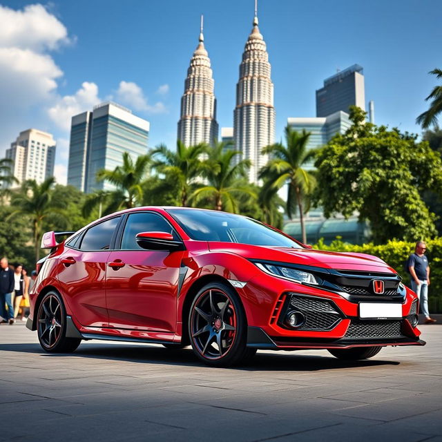 A stunning Honda Civic Type R FL5 parked in front of the iconic Petronas Twin Towers (KLCC) in Kuala Lumpur, Malaysia