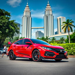 A stunning Honda Civic Type R FL5 parked in front of the iconic Petronas Twin Towers (KLCC) in Kuala Lumpur, Malaysia