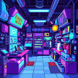 A pixel art depiction of a vibrant cyberpunk shop, featuring holographic displays, neon lights, and futuristic merchandise
