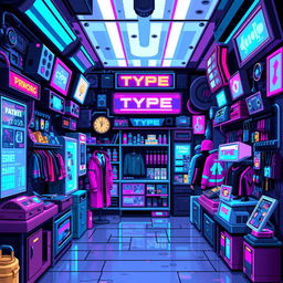 A pixel art depiction of a vibrant cyberpunk shop, featuring holographic displays, neon lights, and futuristic merchandise