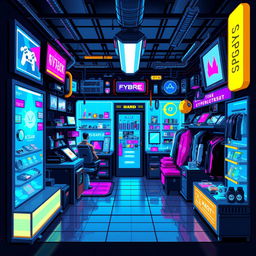 A pixel art depiction of a vibrant cyberpunk shop, featuring holographic displays, neon lights, and futuristic merchandise