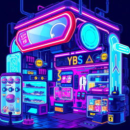 A pixel art depiction of a vibrant cyberpunk shop, featuring holographic displays, neon lights, and futuristic merchandise