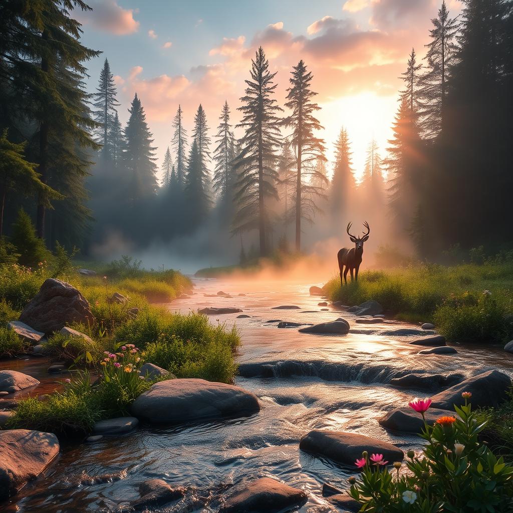 A serene forest scene at dawn, with mist rising from the ground and sunlight filtering through the trees, casting a soft golden glow
