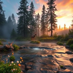 A serene forest scene at dawn, with mist rising from the ground and sunlight filtering through the trees, casting a soft golden glow