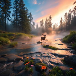 A serene forest scene at dawn, with mist rising from the ground and sunlight filtering through the trees, casting a soft golden glow
