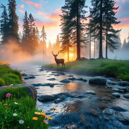 A serene forest scene at dawn, with mist rising from the ground and sunlight filtering through the trees, casting a soft golden glow