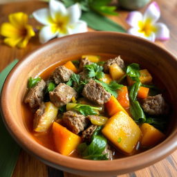 A delicious bowl of Romazava, a traditional Malagasy dish featuring tender pieces of beef and a variety of fresh green vegetables such as leafy greens, carrots, and potatoes