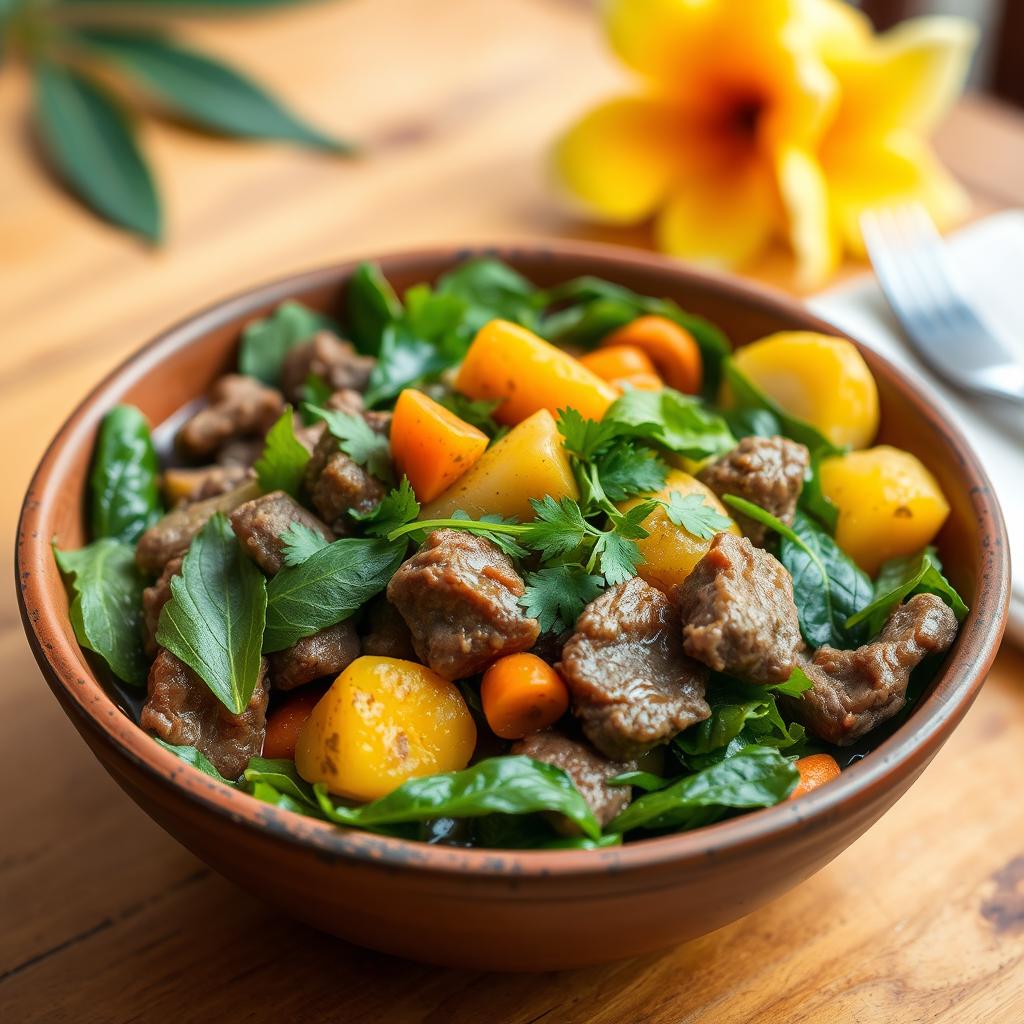 A delicious bowl of Romazava, a traditional Malagasy dish featuring tender pieces of beef and a variety of fresh green vegetables such as leafy greens, carrots, and potatoes
