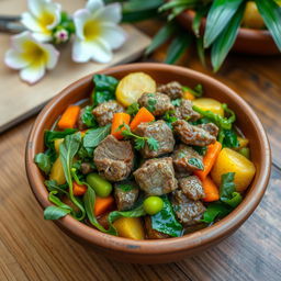A delicious bowl of Romazava, a traditional Malagasy dish featuring tender pieces of beef and a variety of fresh green vegetables such as leafy greens, carrots, and potatoes