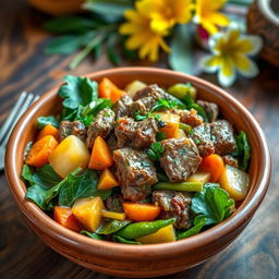 A delicious bowl of Romazava, a traditional Malagasy dish featuring tender pieces of beef and a variety of fresh green vegetables such as leafy greens, carrots, and potatoes