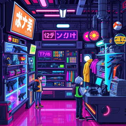 A vibrant pixel art representation of a futuristic cyberpunk shop, showcasing various neon-lit items for sale such as holographic gadgets, sleek weaponry, and vibrant clothing