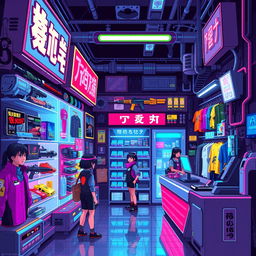 A vibrant pixel art representation of a futuristic cyberpunk shop, showcasing various neon-lit items for sale such as holographic gadgets, sleek weaponry, and vibrant clothing